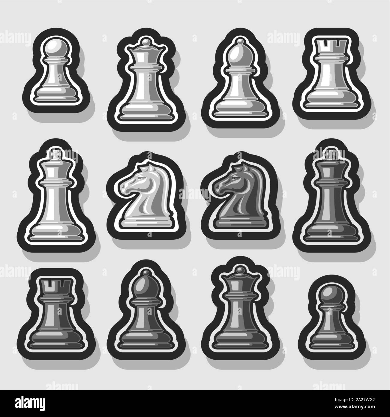 Vector set of Chess Pieces, collection of 12 white and black isolated silver chess figures, classic king & queen, outline bishop and knight, monochrom Stock Vector