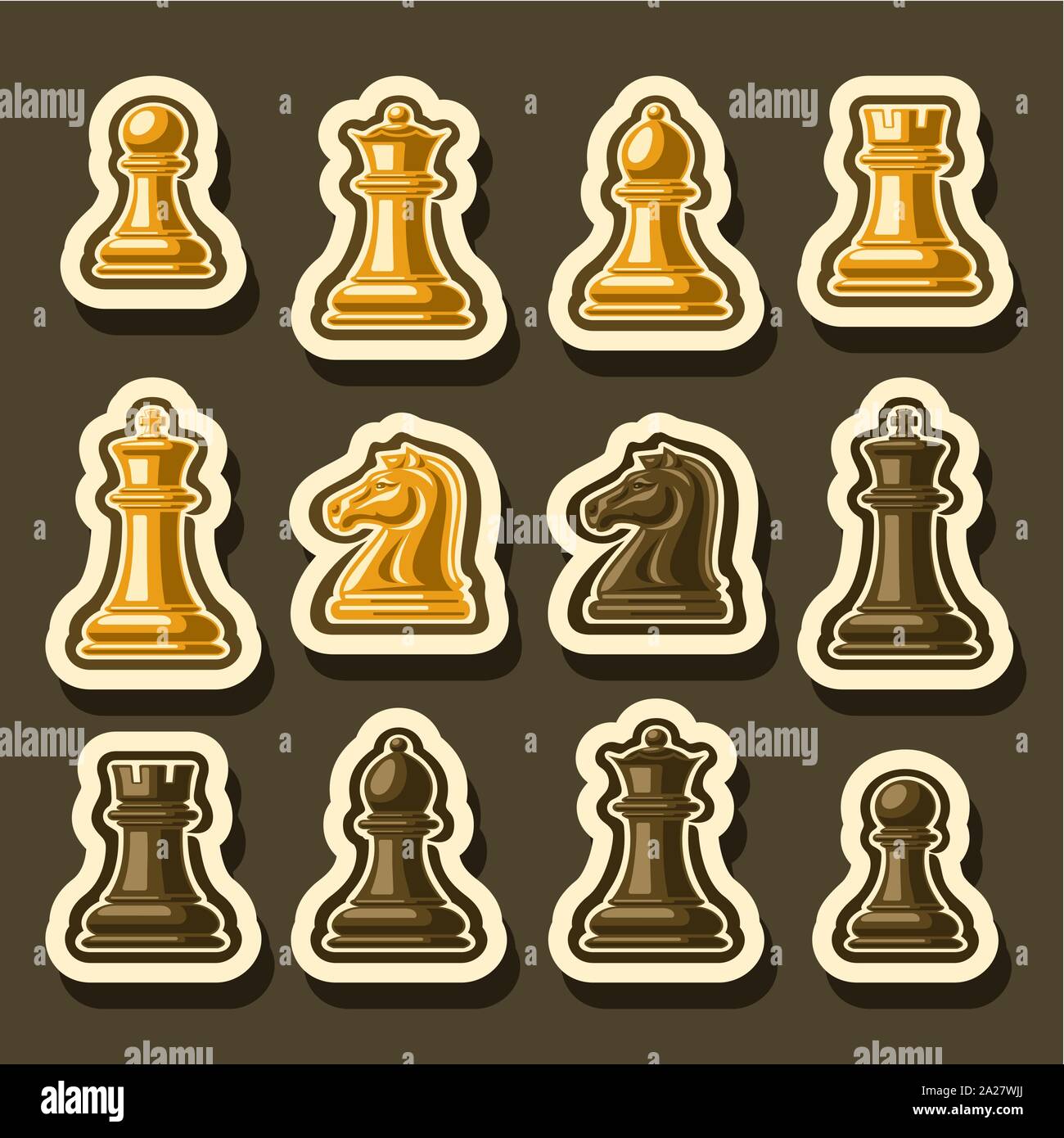 Vector set of Chess Pieces, collection of yellow and brown isolated wooden chess figures, classic king & queen, outline bishop and knight, glossy rook Stock Vector
