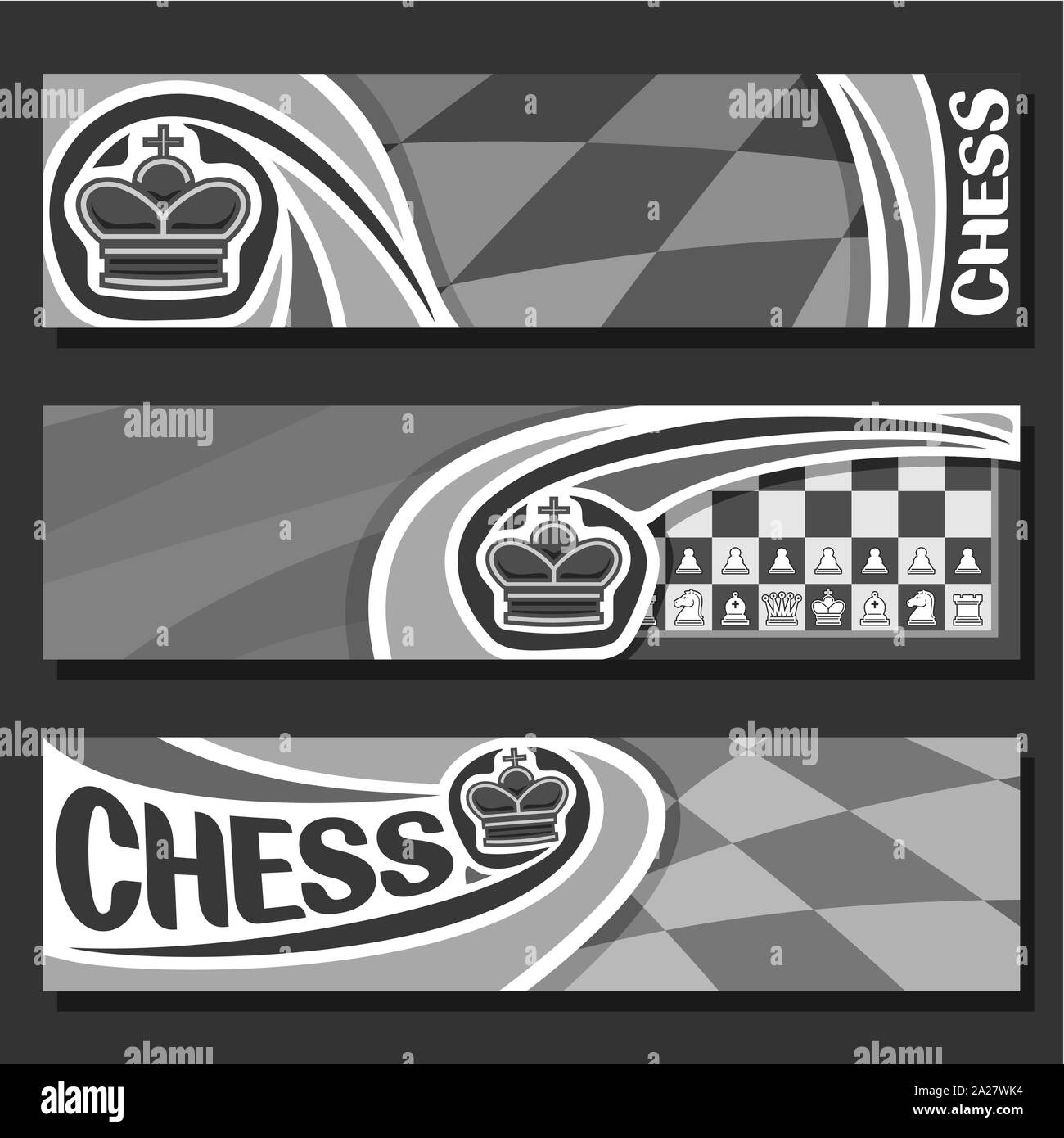 Vector monochrome banners for Chess game with copy space, in headers black & white curved checkerboard squares for title on chess theme, original font Stock Vector