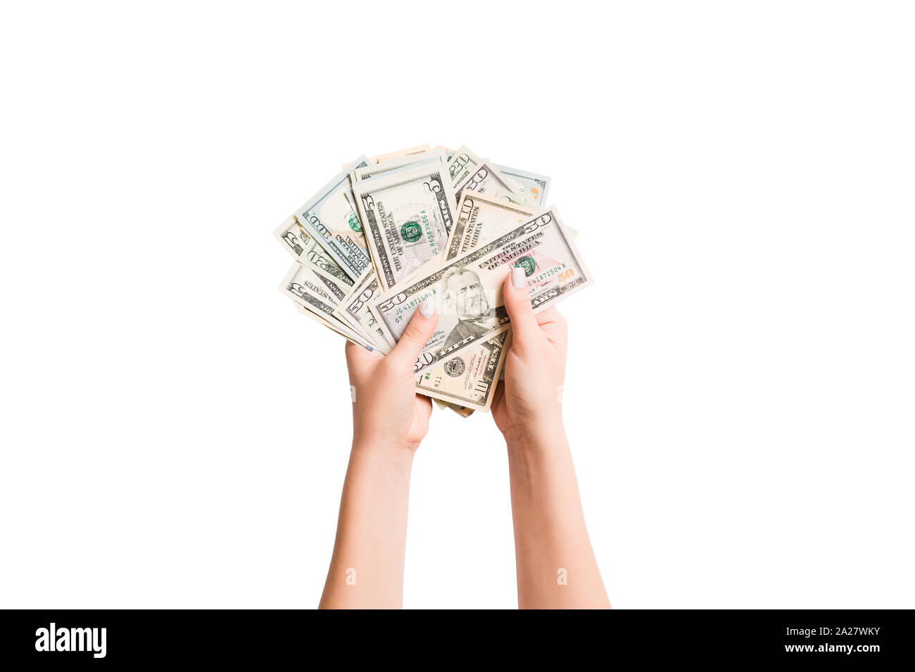Isolated Image Of Female Hands Counting Dollars On White Background 