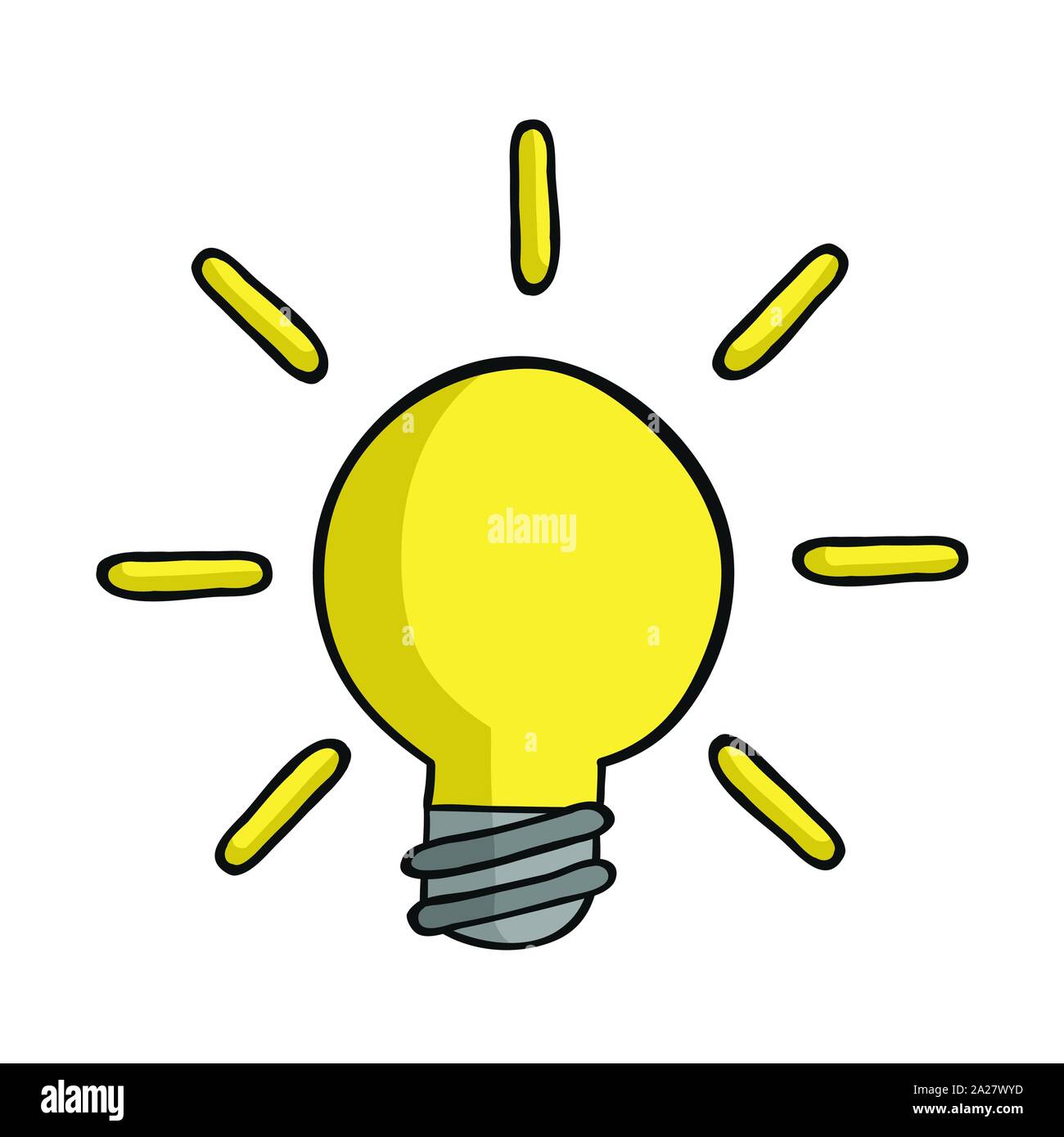 Light bulb glowing. Hand drawn. Black outlines and colored. Stock Vector