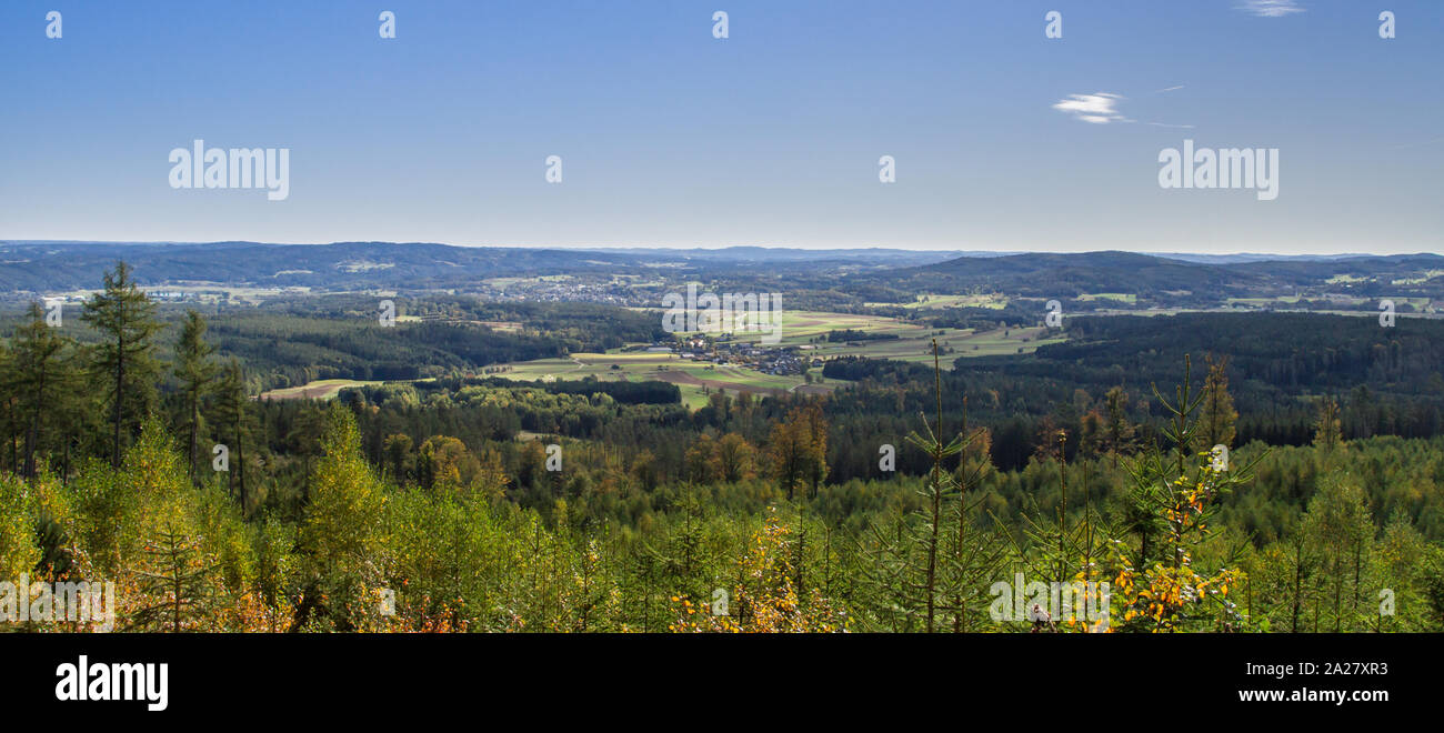 Panorama view from the higher elevations of the Waldviertel to a small typical village of the municipality Weitra, Austria Stock Photo