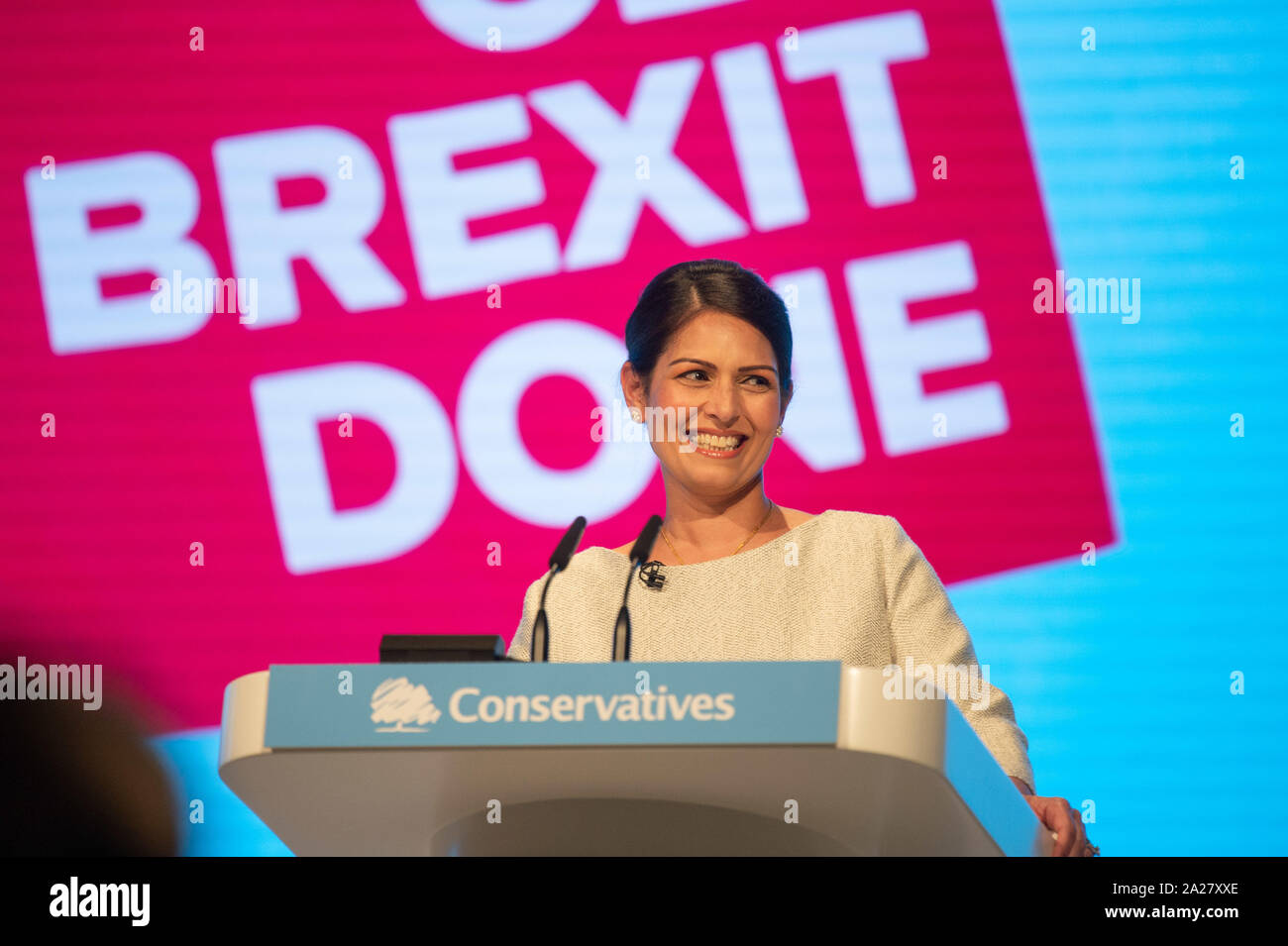 Manchester, UK. 1st Oct 2019.  Priti Patel, Secretary of State for the Home Department, gives her speech during the Conservative Party Conference at the Manchester Central Convention Complex, Manchester on Tuesday 1 October 2019 (Credit: P Scaasi | MI News) Credit: MI News & Sport /Alamy Live News Stock Photo