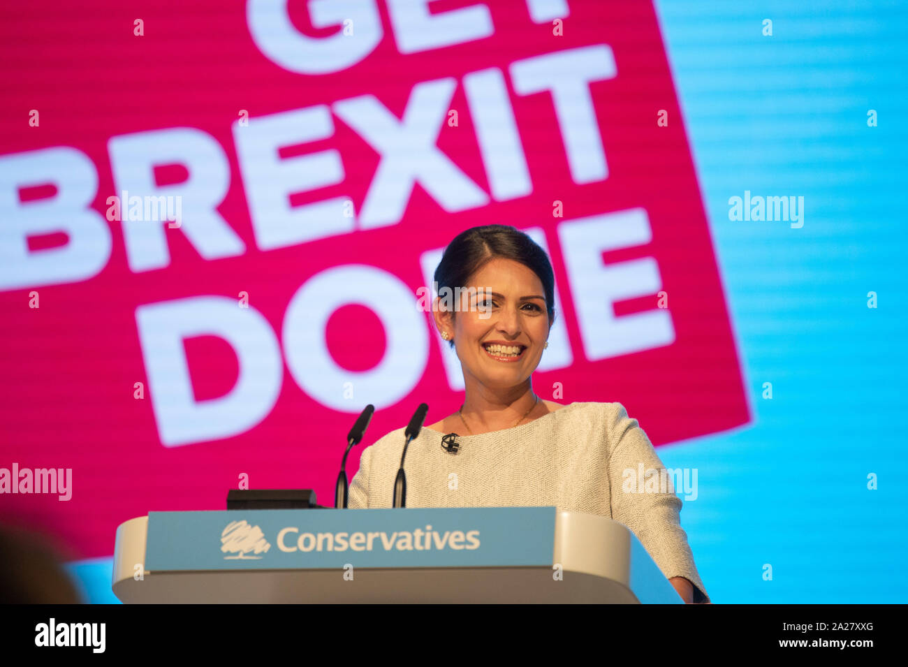 Manchester, UK. 1st Oct 2019.  Priti Patel, Secretary of State for the Home Department, gives her speech during the Conservative Party Conference at the Manchester Central Convention Complex, Manchester on Tuesday 1 October 2019 (Credit: P Scaasi | MI News) Credit: MI News & Sport /Alamy Live News Stock Photo