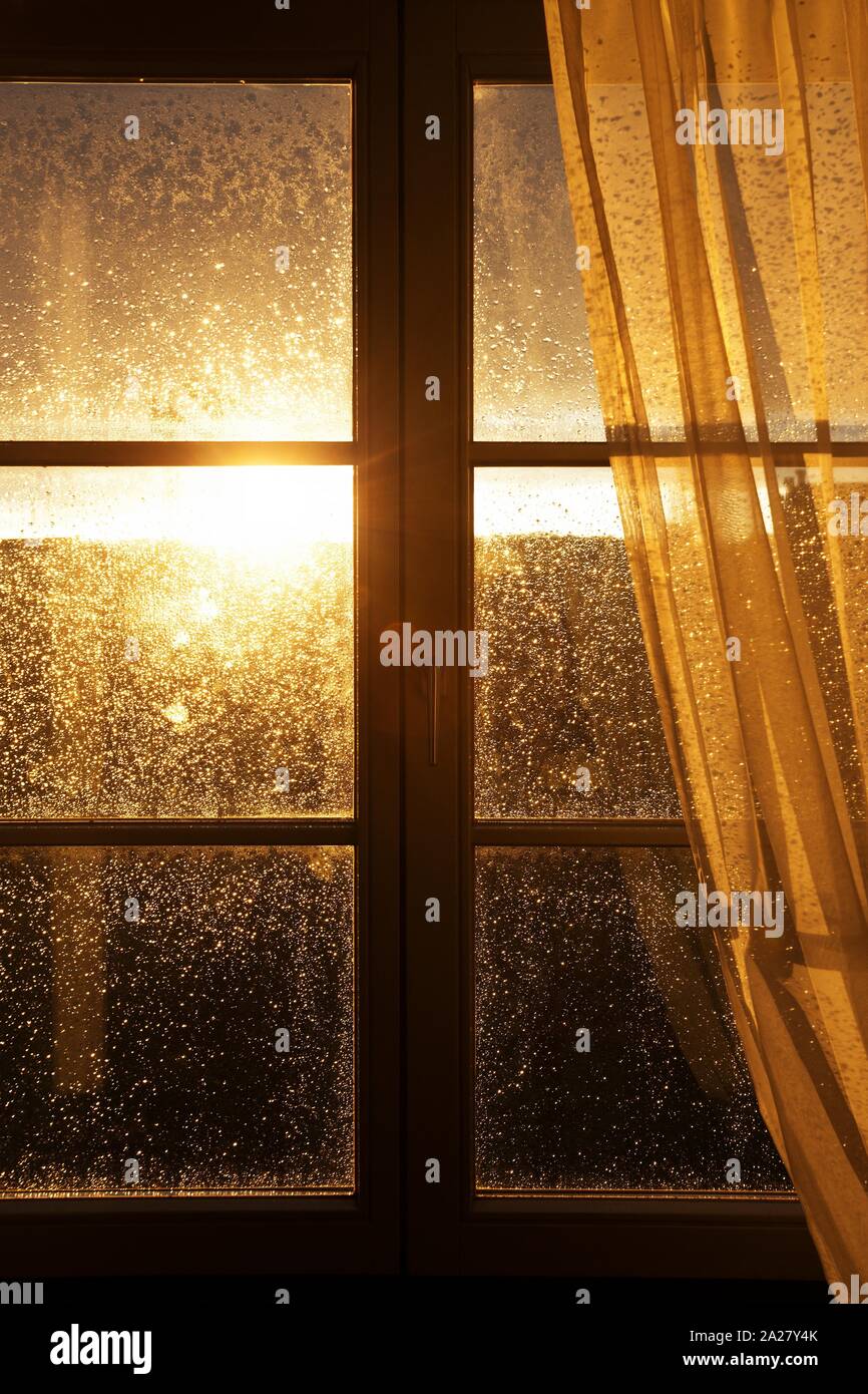 raindrops on a window pane at sunset Stock Photo