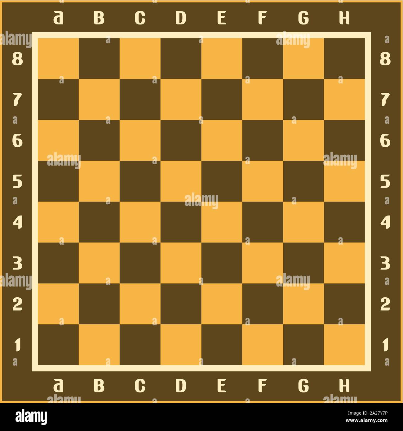 Vector illustration of classic chessboard, brown and yellow chess board with original letters and numbers, wooden checkerboard with empty squares top Stock Vector