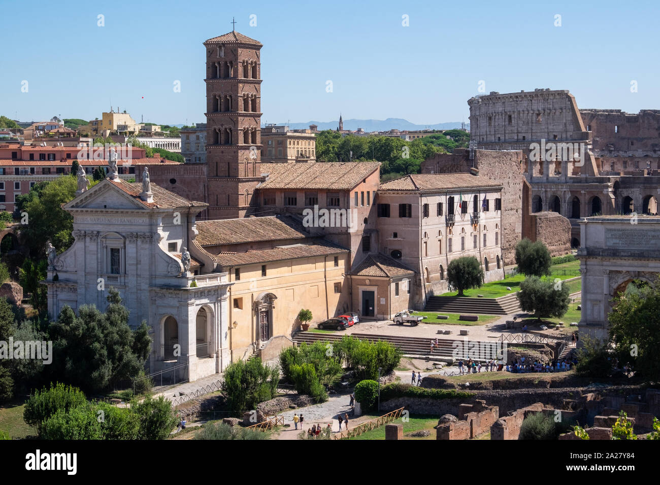 Wide views of the ancient roman ruins known as the Roman Forum in Rome ...