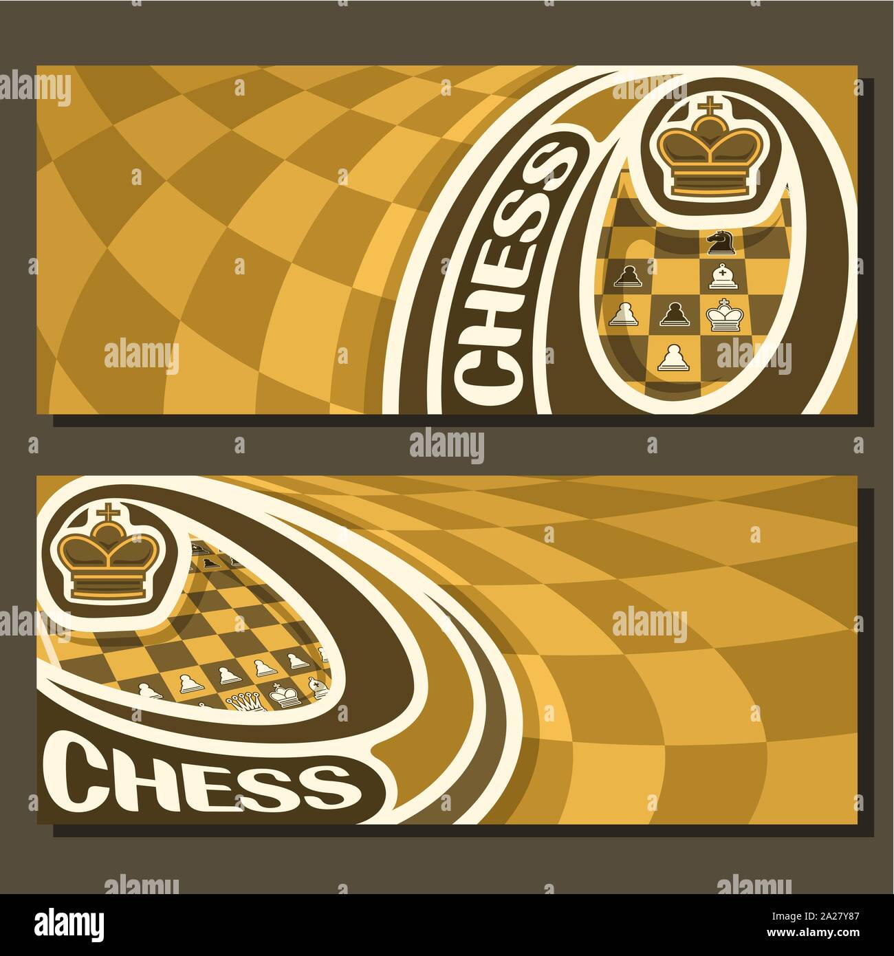 Vector banners for Chess game with copy space, in layouts yellow & brown curved checkerboard squares for title text on chess theme, original font for Stock Vector