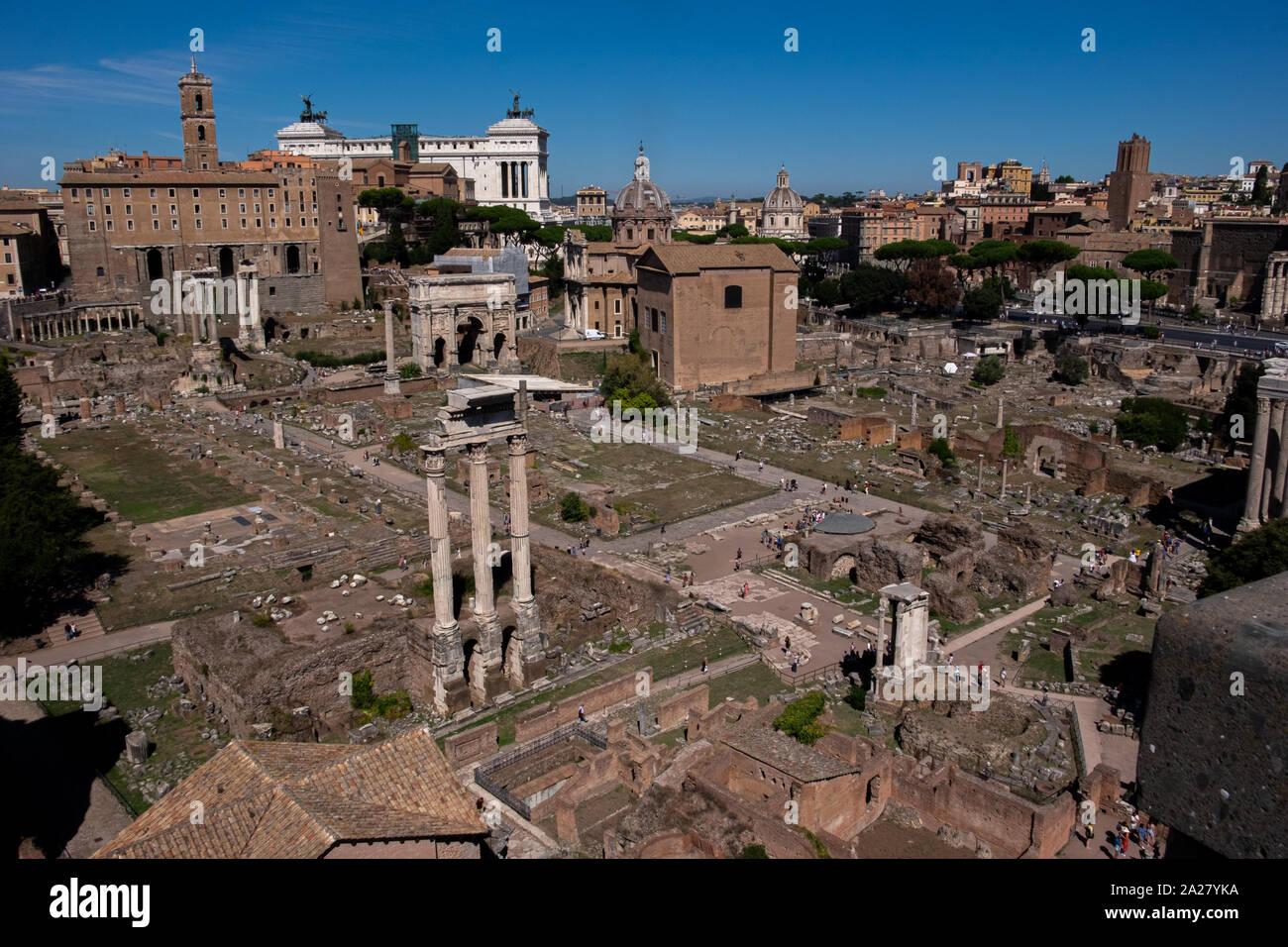 Wide views of the ancient roman ruins known as the Roman Forum in Rome ...