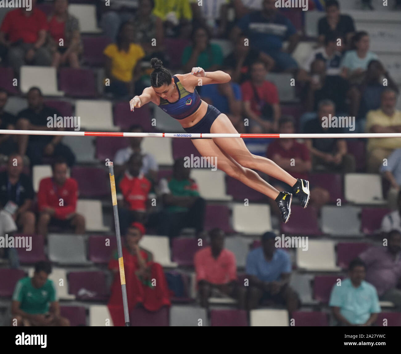 Robeilys Peinado (VEN) in action during the women’s pole vault - IAAF World Athletics Championships at the Khalifa International Stadium in Doha. Stock Photo
