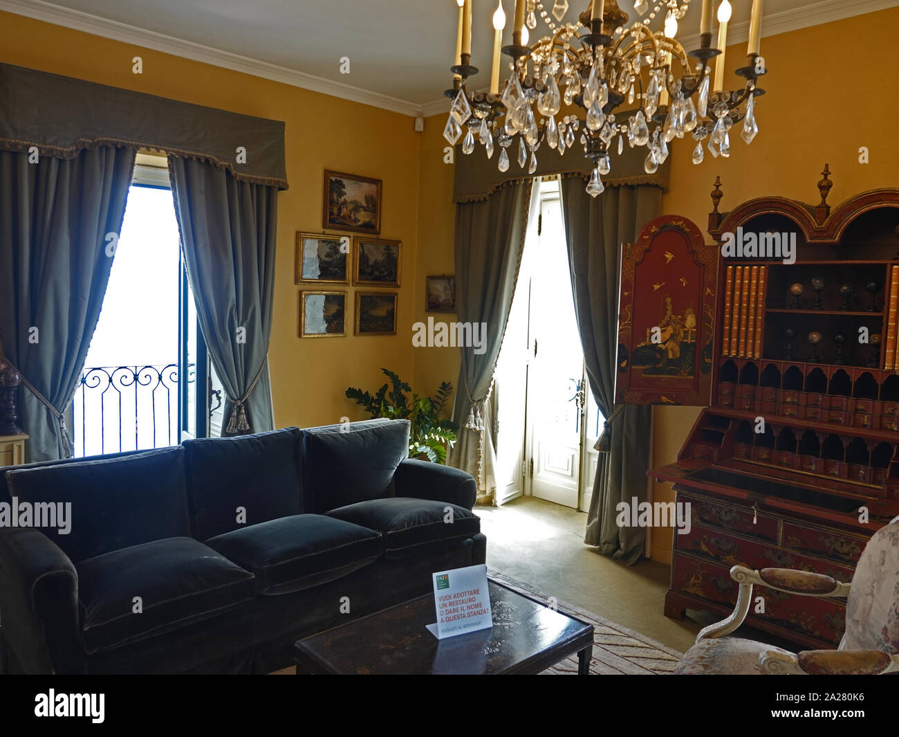 Lake Como, Lombardy, Italy.  Guest room housing both French and English 18th and 19th Century furniture and collectables,  at the Villa del Balbianell Stock Photo
