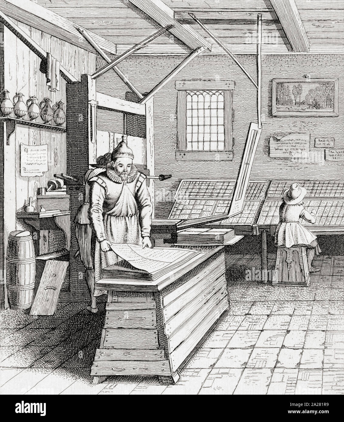 A printing press in Haarlem, Netherlands in the mid 15th century Stock