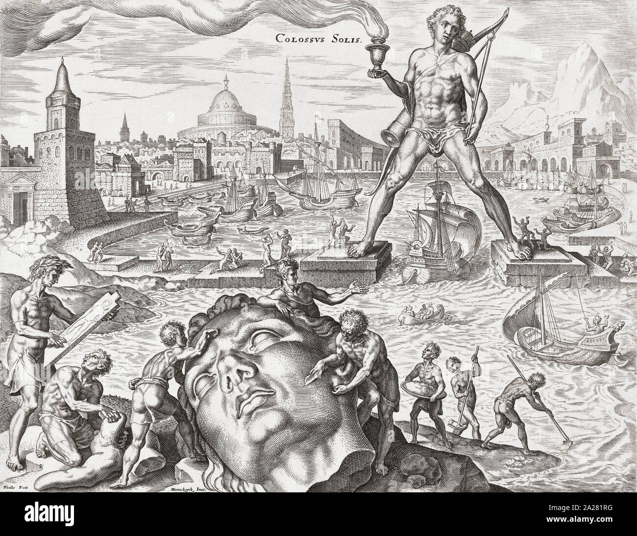 The Colossus of Rhodes, as imagined by 16th century artist Maarten van Heemskerck.  The statue of the sun god Helios is said to have stood 33 metres (108 feet) high.  It is counted amongst the seven wonders of the ancient world. Stock Photo