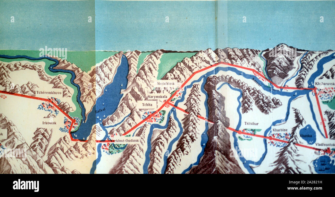 Trans-Siberian or Transsiberian Railway Travel Map c1930s Showing Route Passing Lake Baikal, Amur River & Ending in Vladivostok Russia Stock Photo