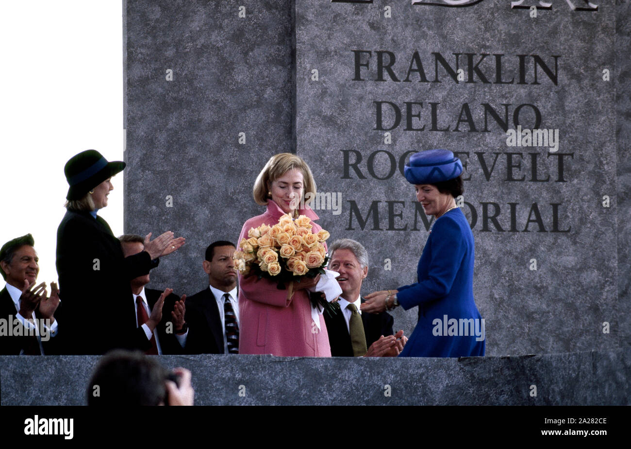 Princess Margriet of the Netherlands presents First Lady Hillary Clinton with a bouquet at the 1997 dedication of the Franklin Delano Roosevelt Memorial in Washington, D.C Stock Photo