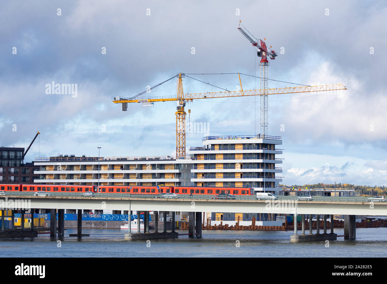 Construction proceeds actively at the new Kalasatama business and residential area of Helsinki, Finland. Stock Photo