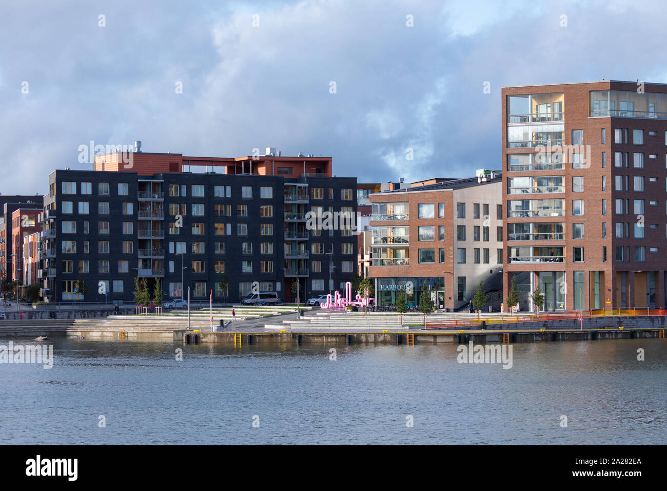 Construction proceeds actively at the new Kalasatama business and residential area of Helsinki, Finland. Stock Photo