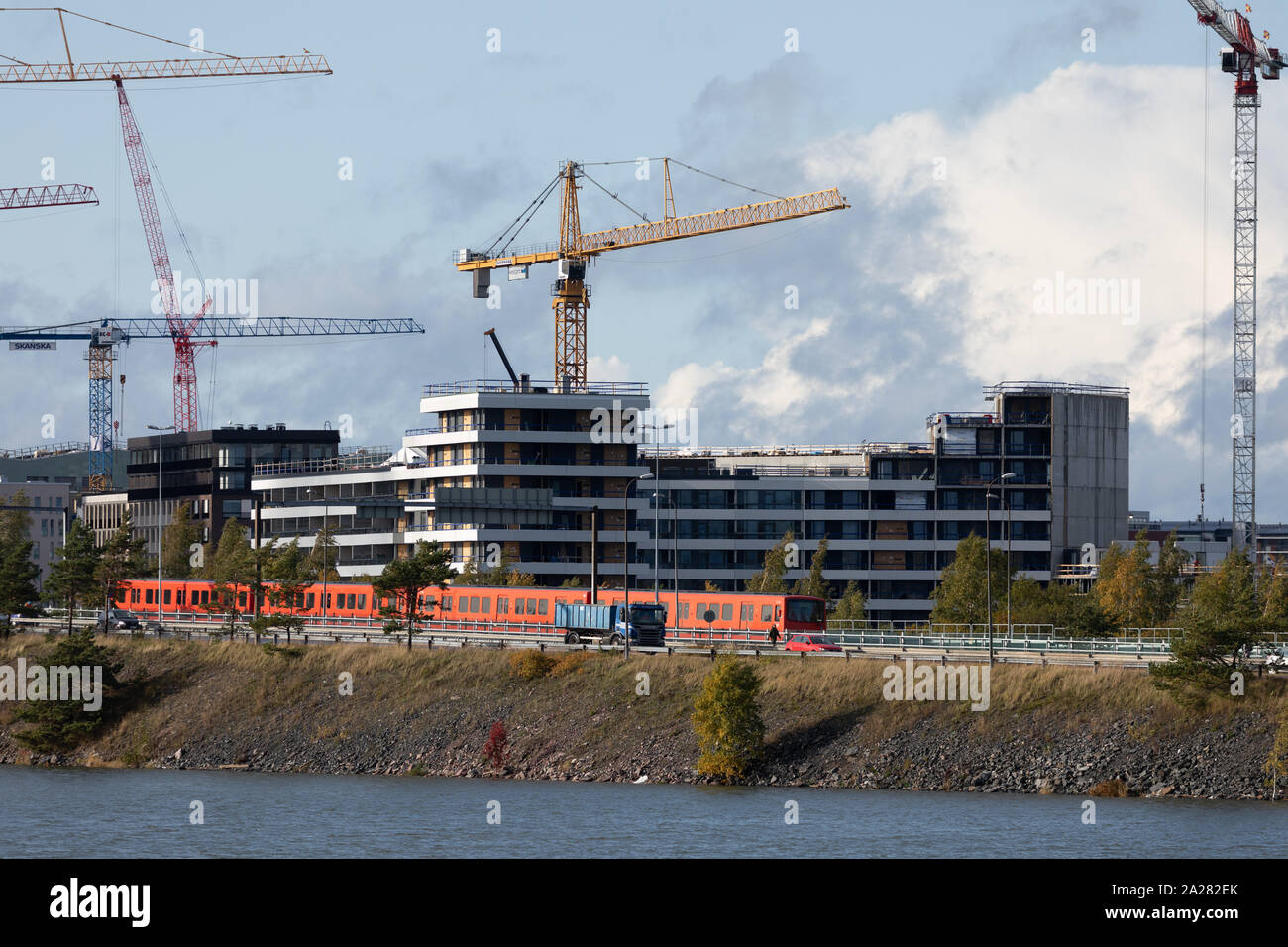 Construction proceeds actively at the new Kalasatama business and residential area of Helsinki, Finland. Stock Photo