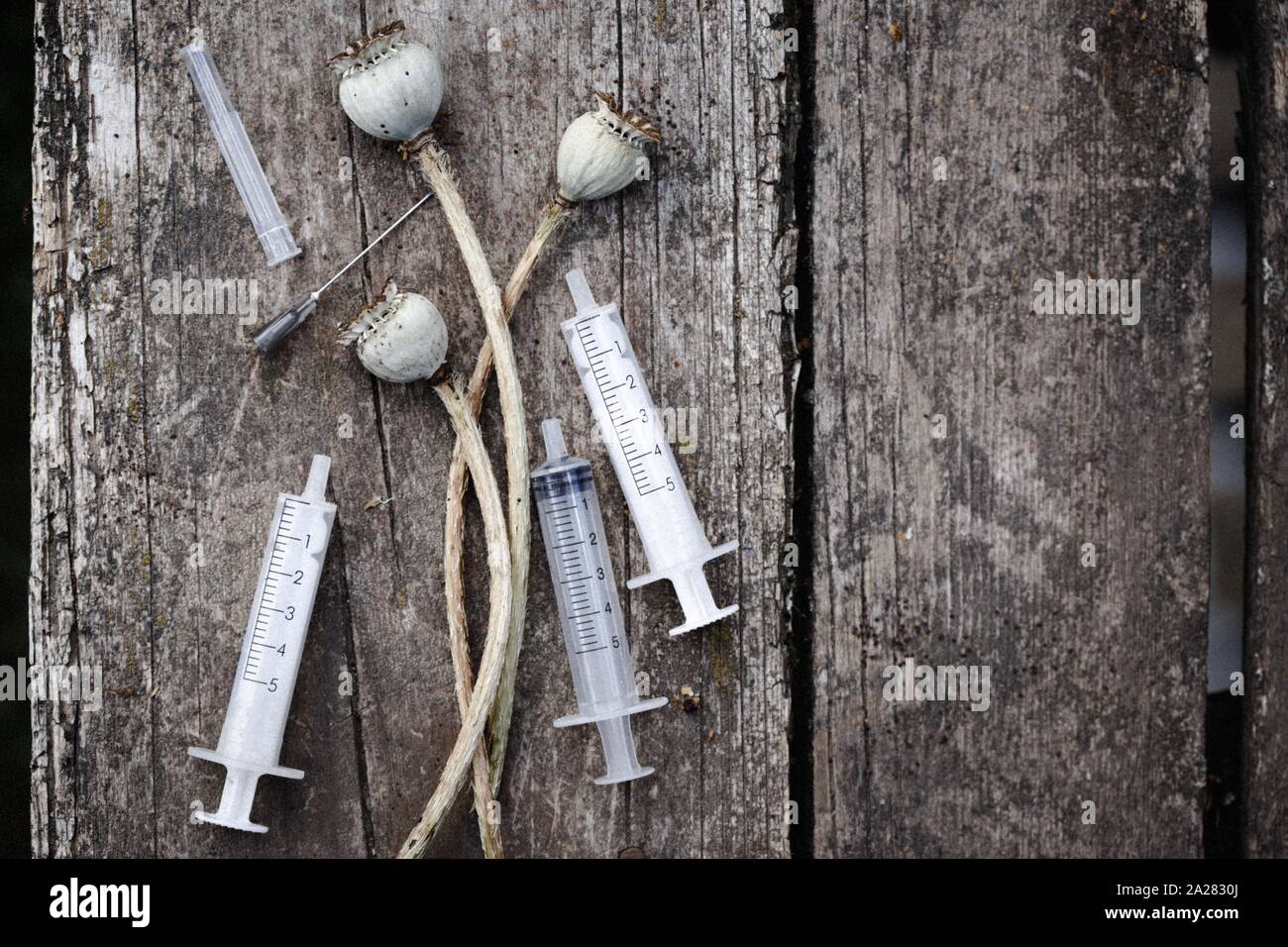 opium poppy seeds and syringes with Needles on wooden background. Addiction Stock Photo