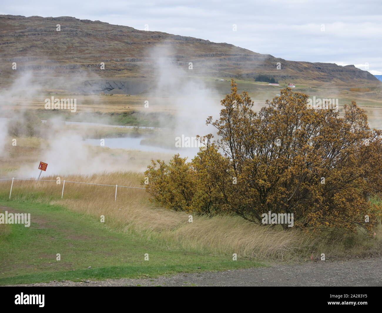 Steam rises from the hot springs at Deildartunguhver in West Iceland, geothermal activity that is a top ten tourist attraction. Stock Photo
