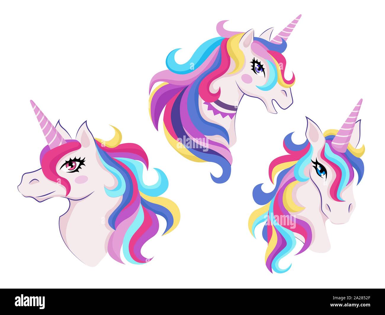 Magic unicorns with colorful horns and manes icon set, decor for girl room interior or birthday, badge or sticker, vector Stock Vector