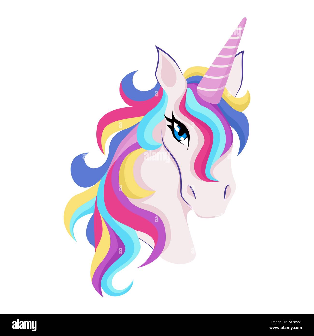 Magic unicorn with colorful horn and manes icon, decor for girl room interior or birthday, badge or sticker, vector Stock Vector