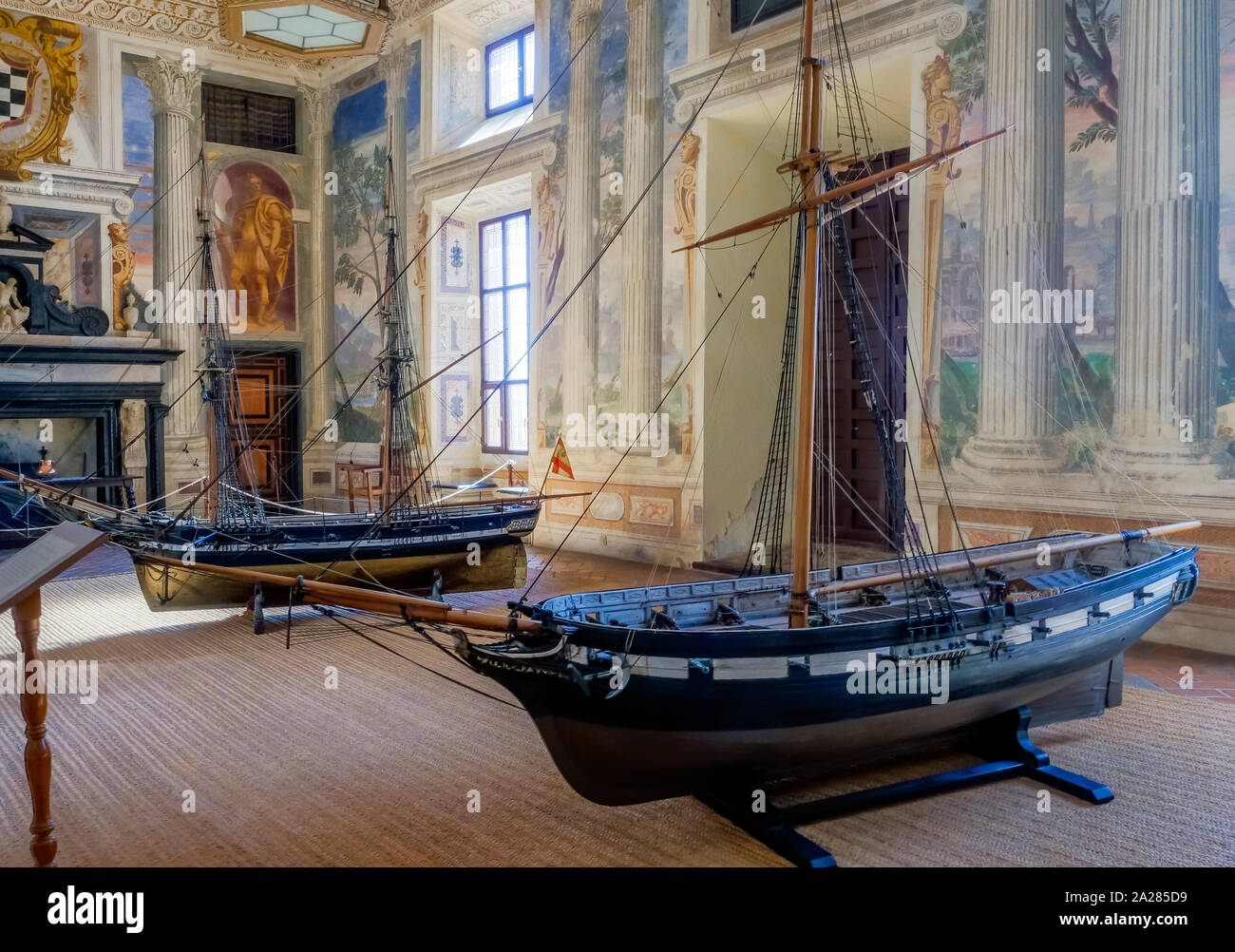 Viso del Marques, SPAIN - September 28, 2019: Models of two ships of the Spanish Navy in an archive room in the General Archive of the Navy in the pal Stock Photo