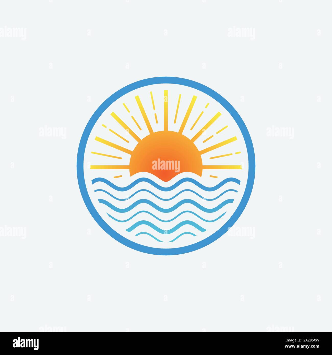 sea logo linear design template, sea and wafe circular logo icon illustration, sunset linear logo, beach icon symbol Stock Vector