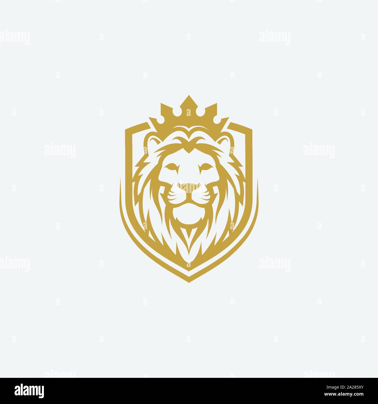 lion shield luxury logo icon, elegant lion shield logo design illustration, lion head with crown logo, lion shield symbol Stock Vector