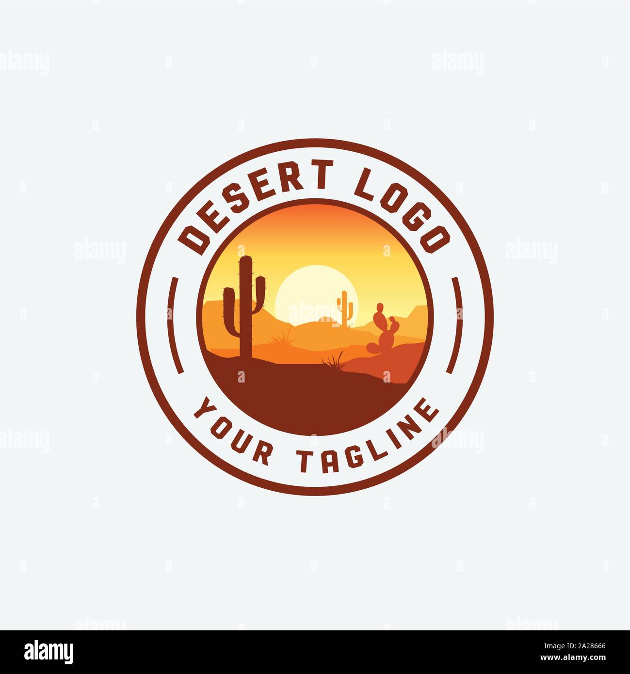 Desert landscape logo with cactus, mountain desert vector template, company logo, logo product label Stock Vector