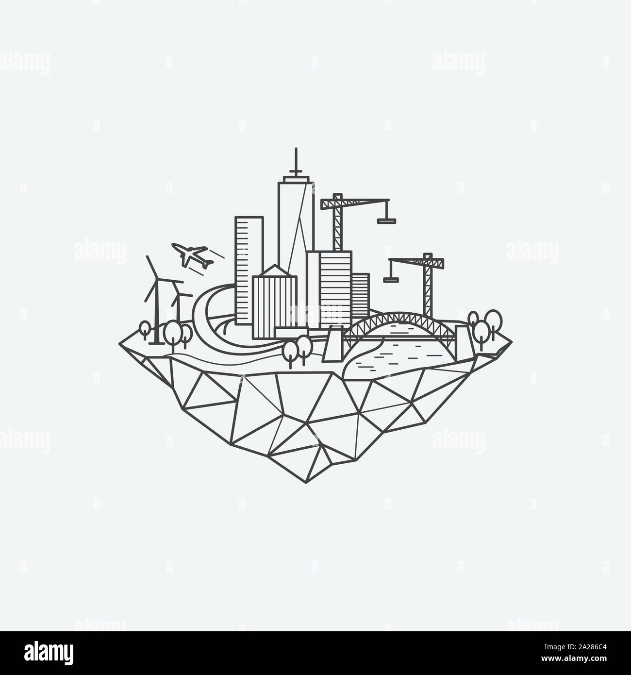 city with linear design style, floating Island, futuristic, vector Illustration of floating city, modern Life, architecture and buildings design template Stock Vector