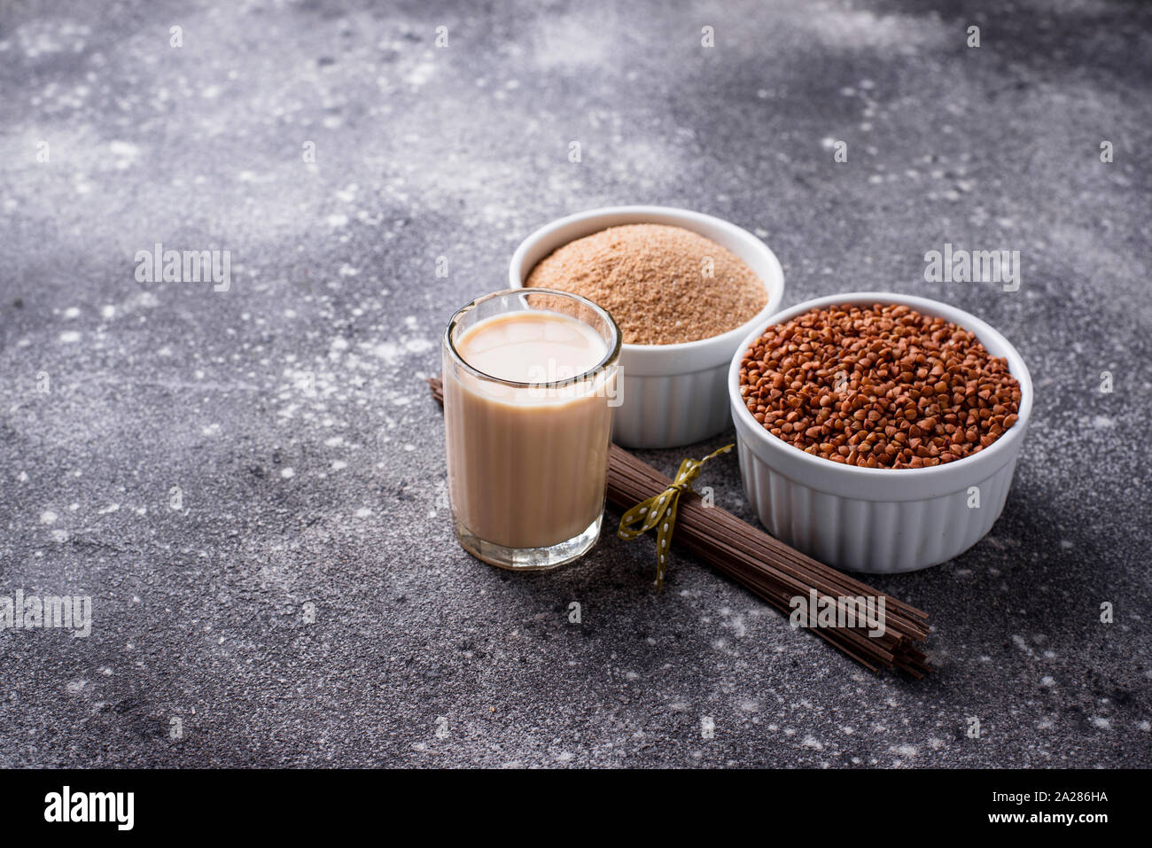 Gluten free buckwheat flour, soba noodle and nondairy milk Stock Photo