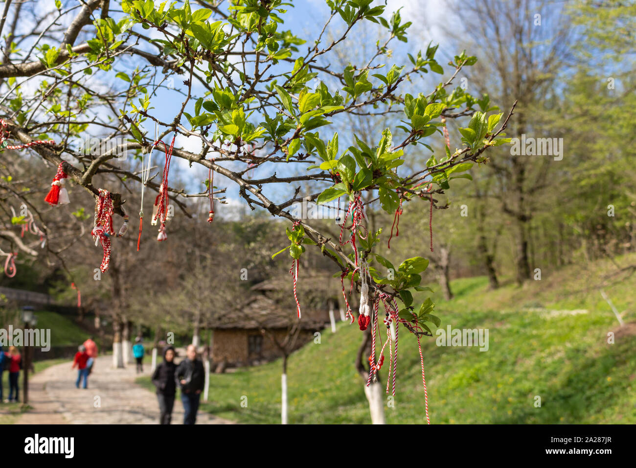 Martenitsa tied to a branch of a tree, symbol of the approaching spring. Baba Marta day of Bulgaria– imagen de stock Stock Photo