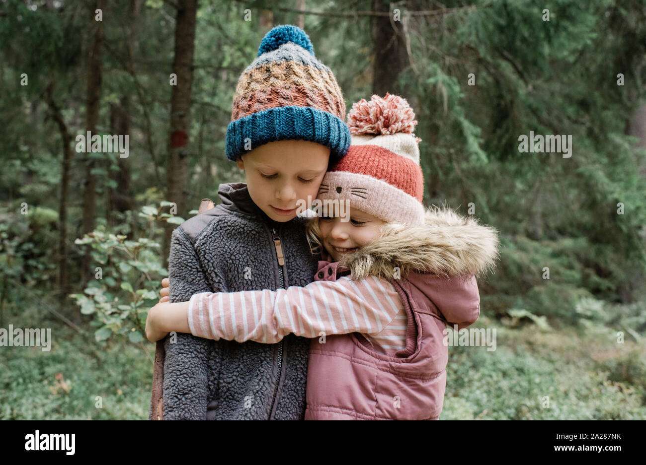brother and sister hugging whilst playing in the forest Stock Photo - Alamy