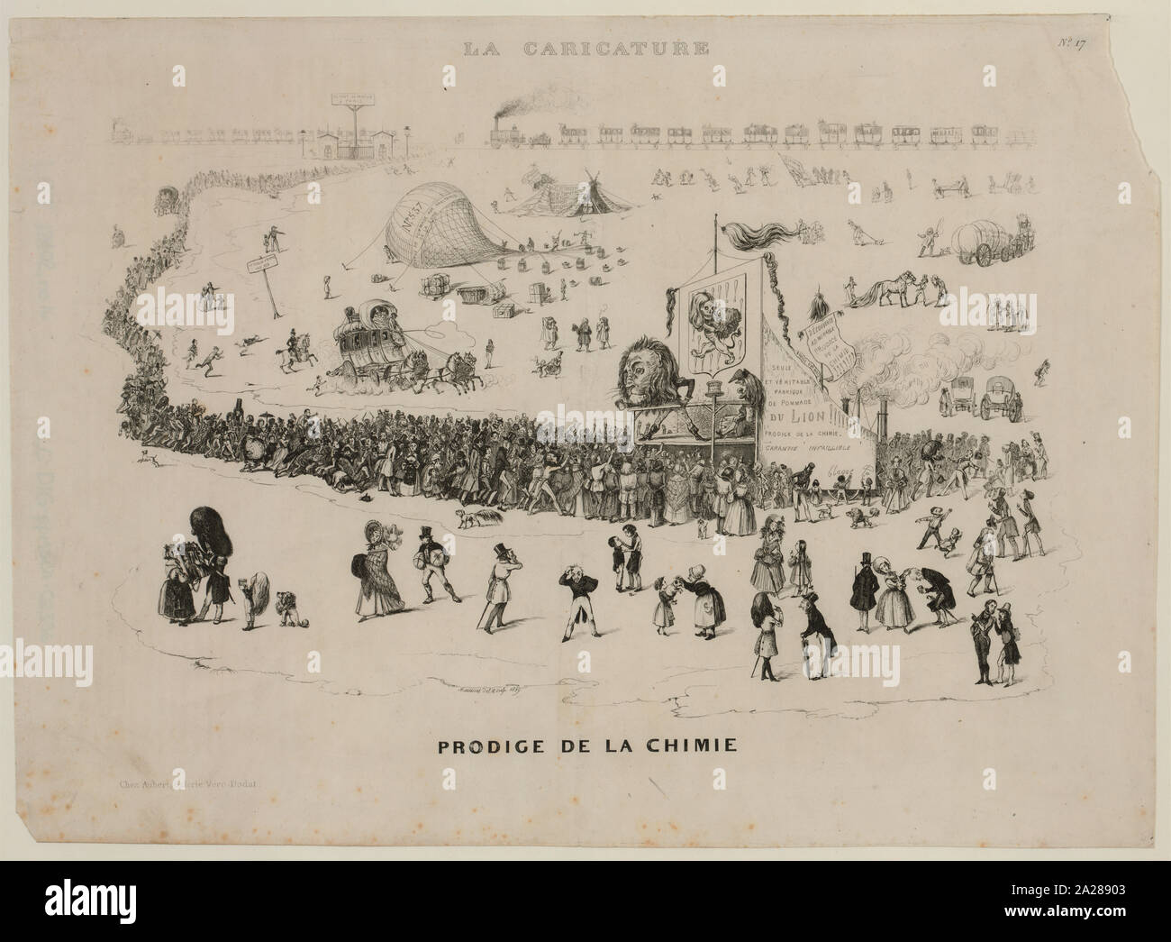 Prodige de la chimie; French cartoon shows a long line of people, with more arriving by stagecoach and railroad, at a medicine show where a quack with a lion's head, the Prodige de la chimie, is marketing his hair tonic De pommade du lion. In the center, a balloon Envoi de pommade aux habitants de la lune is being inflated.; Stock Photo
