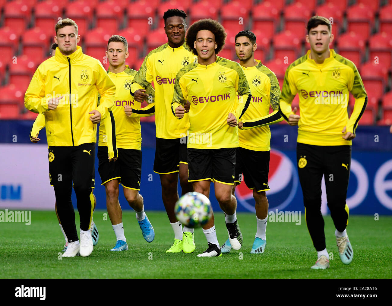Borussia Dortmund's players train during a training session of the team, one day prior to the UEFA Champions League match SK Slavia Prague vs Borussia Dortmund, second round of basic group F, on October 1, 2019, in Prague, Czech Republic. (CTK Photo/Roman Vondrous) Stock Photo