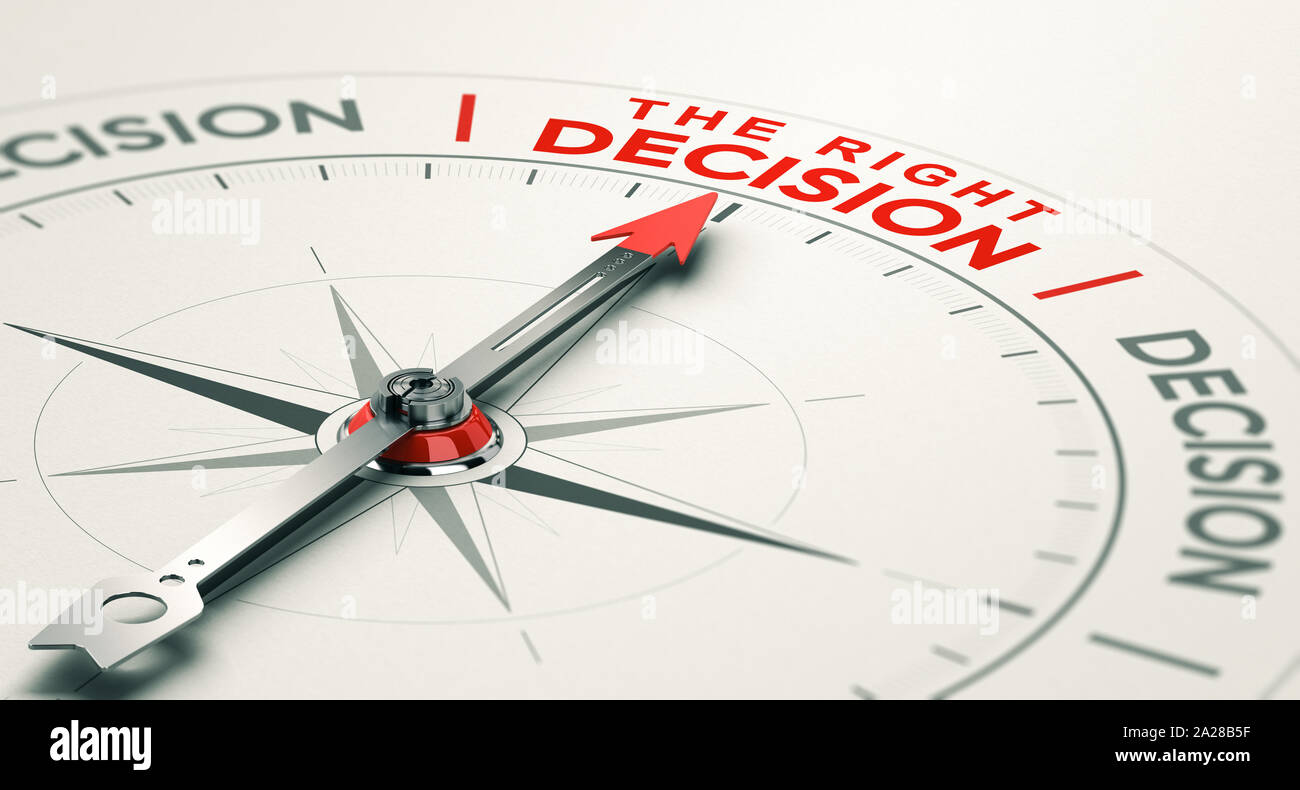 Conceptual compass with needle pointing the right decision. Business judgement concept. 3D illustration. Stock Photo