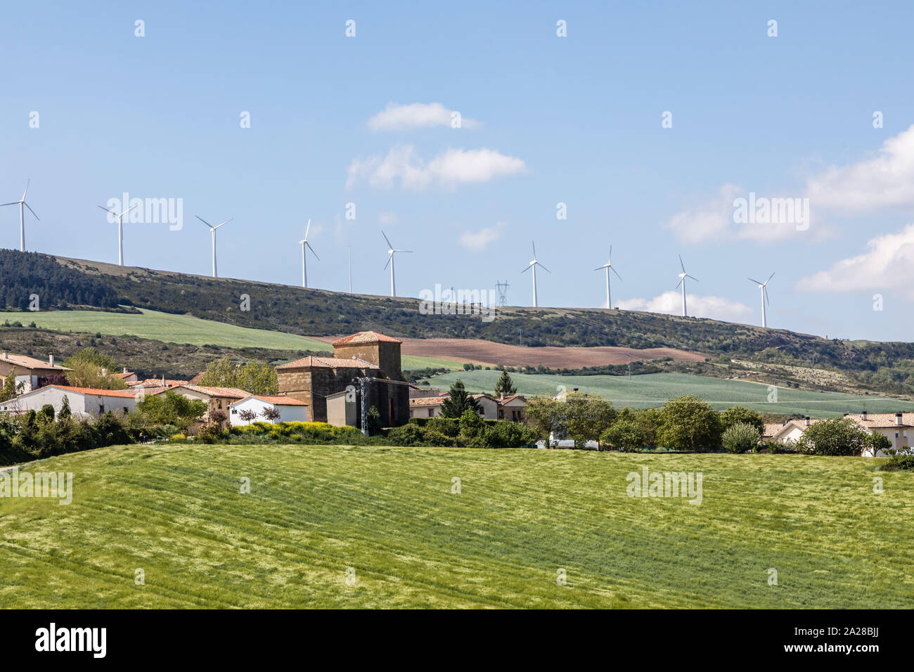 Zariquiergul with the Alto de Perdon and windmills in the background Stock Photo