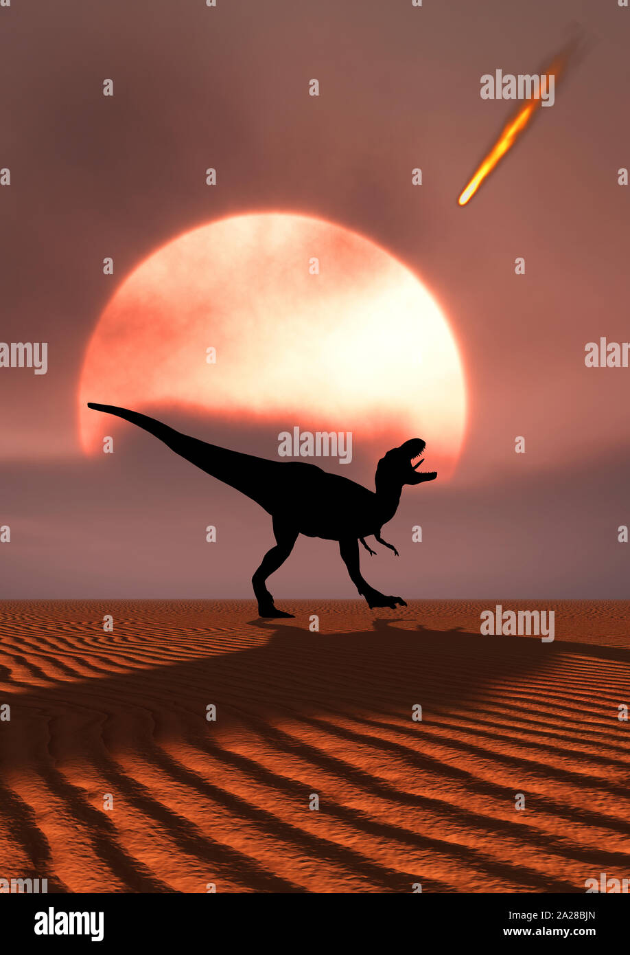A T.Rex Watching A Falling Asteroid. Stock Photo