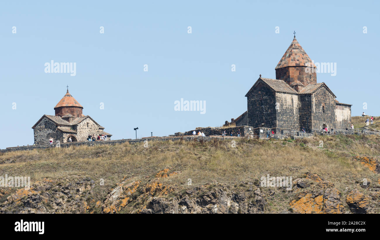 Surp Arakelots and Surp Astvatsatsin, Sevanavank monastery, Lake Sevan, Armenia Stock Photo