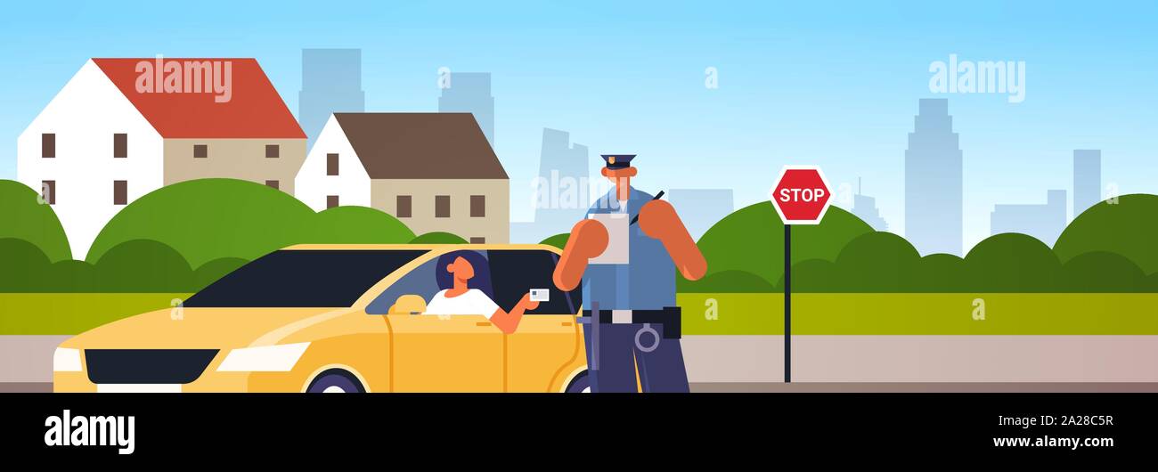 police officer writing report parking fine or speeding ticket for woman sitting in car showing driver license road traffic safety regulations concept Stock Vector