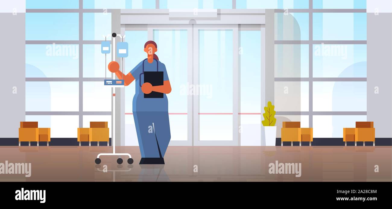 female doctor anesthesiologist in uniform holding dropper medicine healthcare concept modern hospital medical clinic hall interior full length Stock Vector