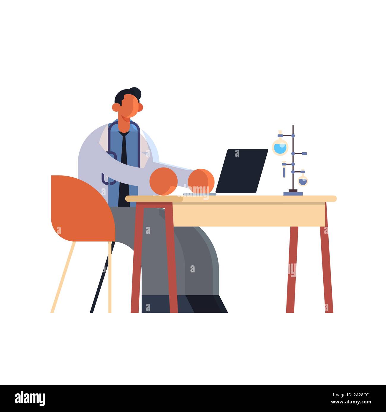 male doctor using laptop man researcher sitting at workplace desk with test tubes medicine healthcare concept hospital medical laboratory worker in Stock Vector