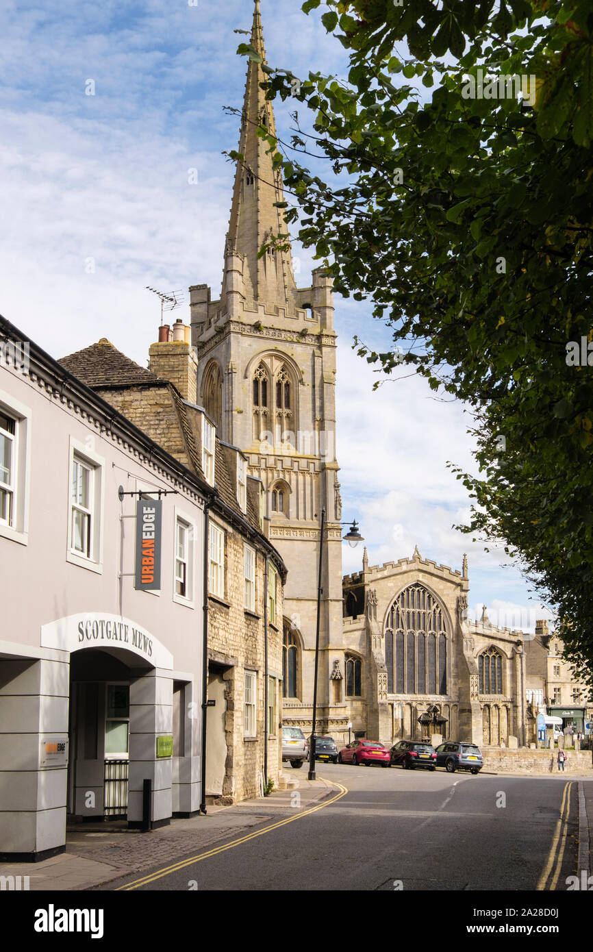 View along street to All Saints church. Scotgate, Stamford, Lincolnshire, England, UK, Britain Stock Photo