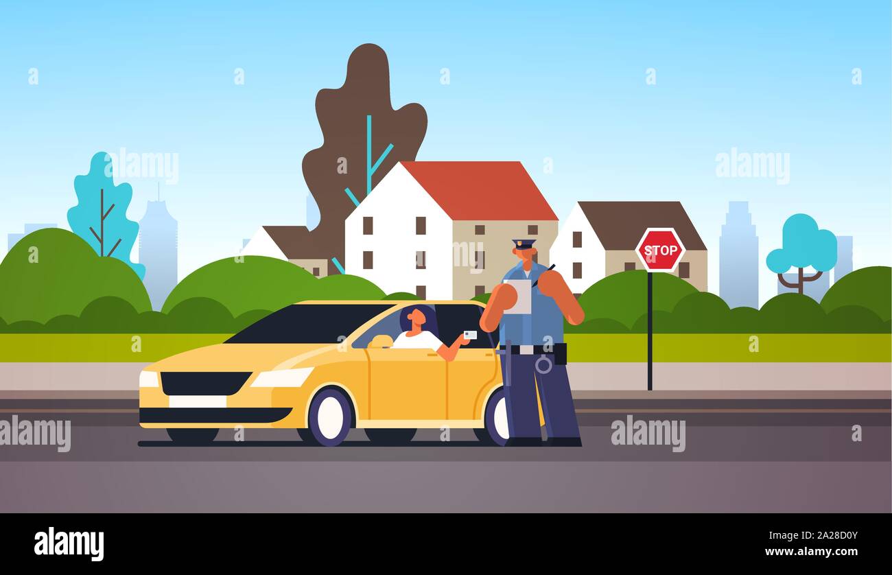 police officer writing report parking fine or speeding ticket for woman sitting in car showing driver license road traffic safety regulations concept Stock Vector