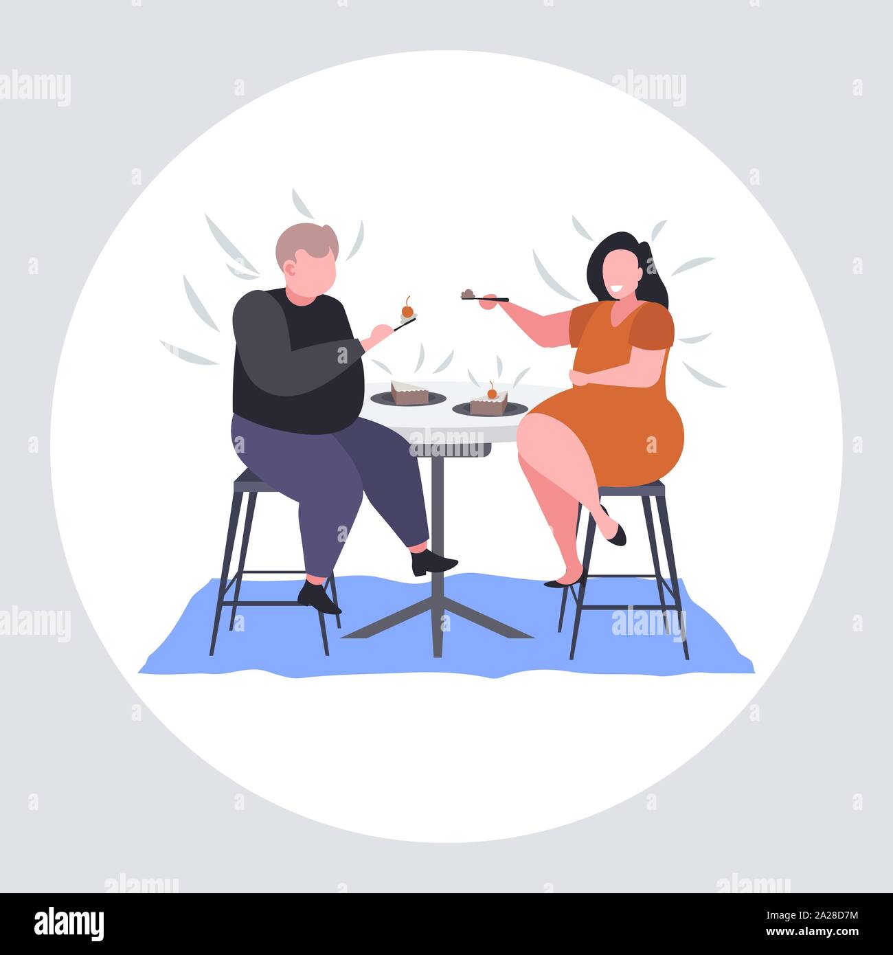 obese couple eating sweet tasty cake overweight woman feeding her fat boyfriend with spoon unhealthy nutrition obesity concept flat full length Stock Vector