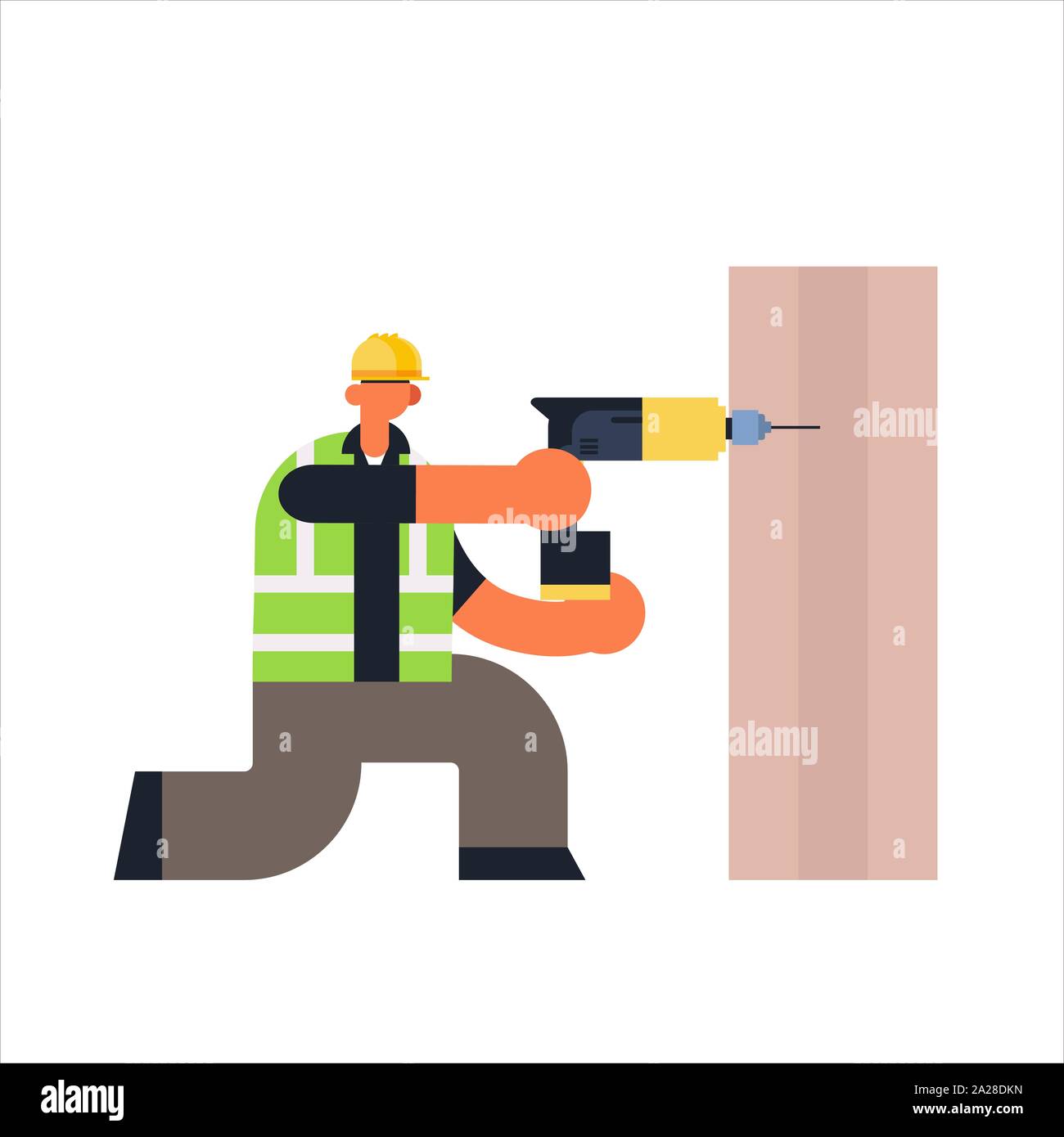 male builder using electric drill busy workman industrial construction carpenter worker in uniform drilling hole in wooden plank building concept flat Stock Vector