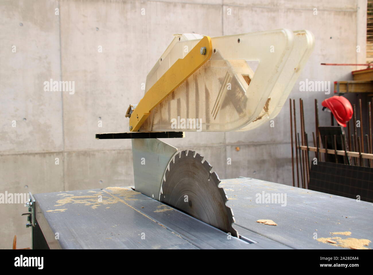 Hand protection on a circular saw was blocked by a piece of wood Stock Photo