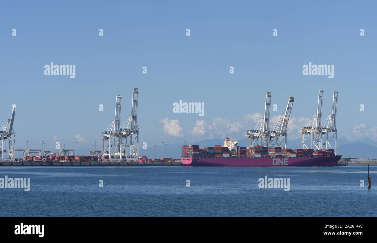 Container terminal at the Port of Vancouver. Vancouver, British Columbia, Canada. Stock Photo