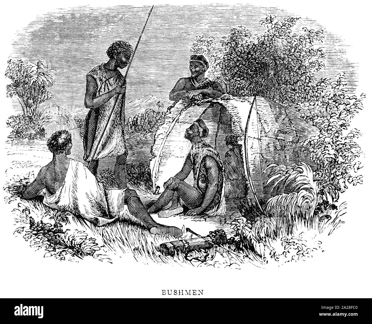 An illustration Bushmen in South Africa scanned at high resolution from a book by Robert Moffat  printed in 1842. Believed copyright free. Stock Photo